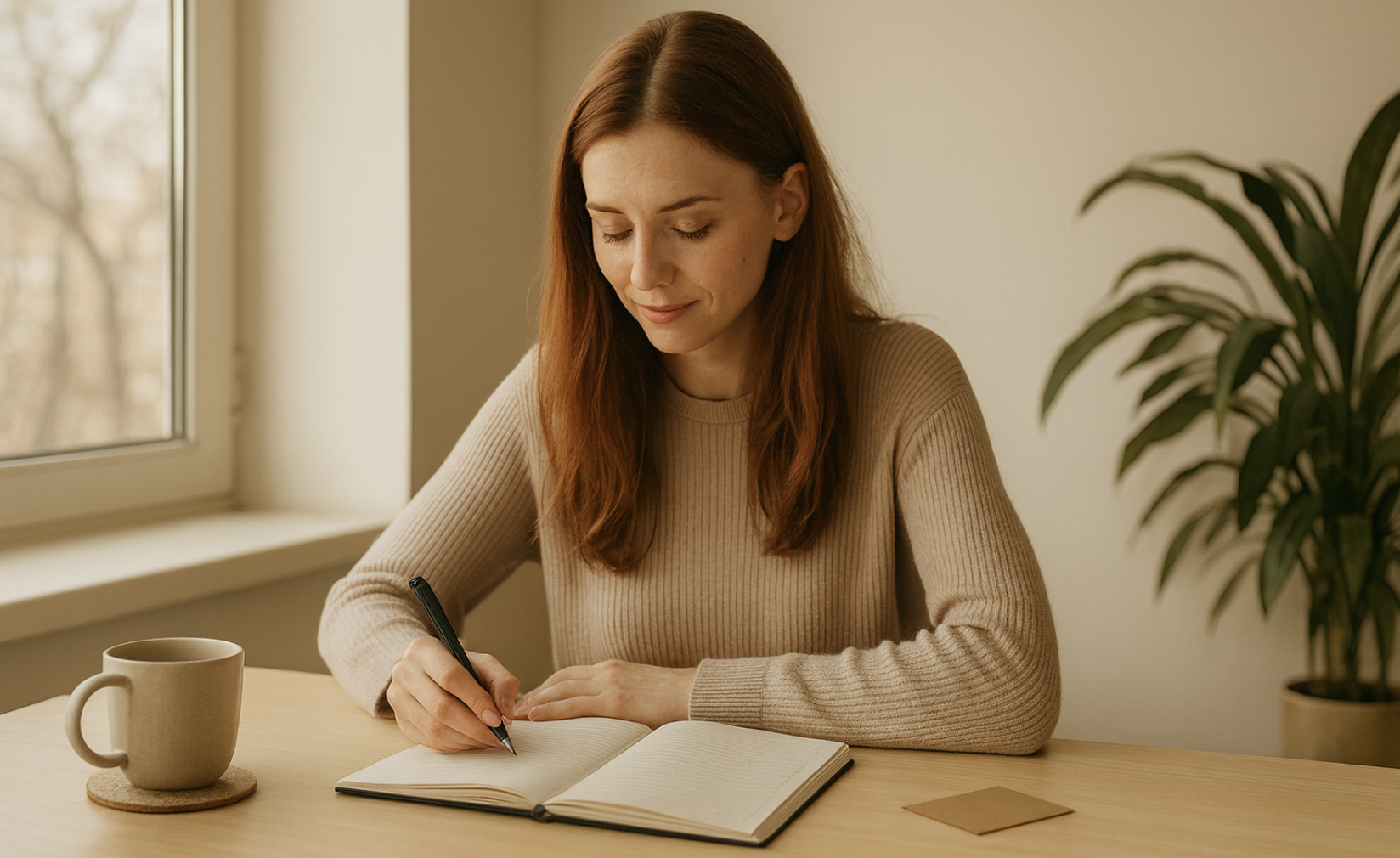 Eine junge Frau sitzt an einem hellen Holztisch am Fenster, schreibt konzentriert in ein Notizbuch und wirkt ruhig und reflektiert – ideal für eine Coaching- oder Reflexionssitzung.