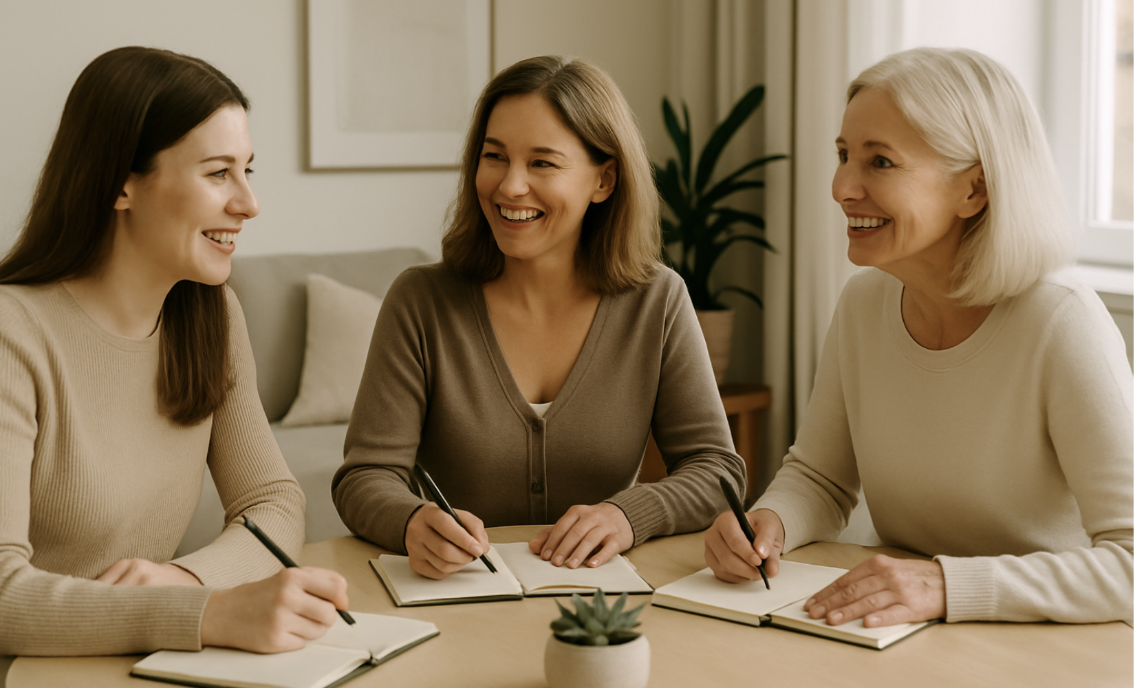 Drei Frauen unterschiedlichen Alters sitzen an einem Tisch, schreiben in Notizbücher und lächeln sich an – persönlicher Workshop in ruhiger, heller Atmosphäre.